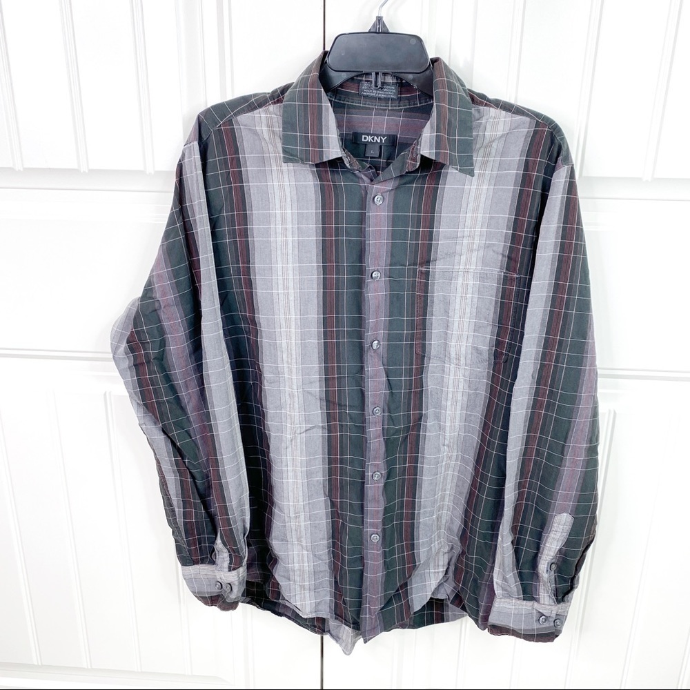 DKNY Men's Plaid Button Down Long Sleeve Shirt L